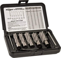 Hougen - 8 Piece, 5/8 to 1-1/8" Cutter Diam, 2" Cutting Depth, High Speed Steel Annular Cutter Set - Bright Finish, 3/4" Shank Diam, 5/8, 3/4, 7/8, 1, 1-1/8" Cutter Diams, 2 Flats on Shank - Best Tool & Supply