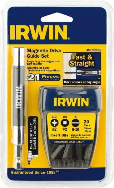 Irwin - 21 Piece, 1/4" Drive Screwdriver Drive Guide - #2 Phillips, 0.05 to 1/4" Hex, 1.27 to 10mm Hex, #1 & #2 Square Recess - Best Tool & Supply