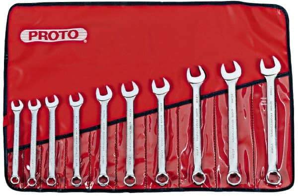 Proto - 10 Piece, 11mm to 19mm, 6 Point Combination Wrench Set - Metric Measurement Standard, Satin Chrome Finish, Comes in Nylon Roll - Best Tool & Supply