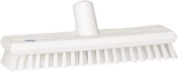 Vikan - 1" Bristle Length, Polyester Scrub Brush - 10-5/8" Long x 2-1/2" Wide Head, 11" OAL, European Threaded Handle, White, Polypropylene Block - Best Tool & Supply