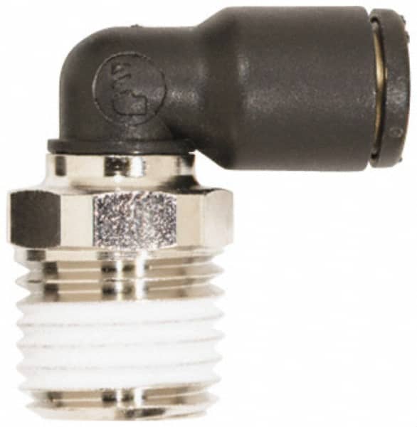 Push-to-Connect Tube Fitting: Male Swivel Elbow, 1/8″ Thread, 1/8″ OD Glass Reinforced Nylon & Nickel-Plated Brass, 225 psi