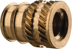 E-Z LOK - #10-24, 0.246" Small to 0.277" Large End Hole Diam, Brass Double Vane Tapered Hole Threaded Insert - 19/64" Insert, 1/4" Pilot Diam, 3/8" OAL, 0.159" Min Wall Thickness - Best Tool & Supply