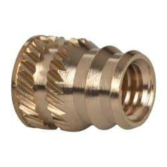 E-Z LOK - #10-32, 0.246" Small to 0.277" Large End Hole Diam, Brass Double Vane Tapered Hole Threaded Insert - 19/64" Insert, 1/4" Pilot Diam, 3/8" OAL, 0.159" Min Wall Thickness - Best Tool & Supply