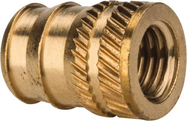 E-Z LOK - 1/4-28, 0.321" Small to 0.363" Large End Hole Diam, Brass Double Vane Tapered Hole Threaded Insert - 3/8" Insert, 0.332" Pilot Diam, 1/2" OAL, 0.194" Min Wall Thickness - Best Tool & Supply