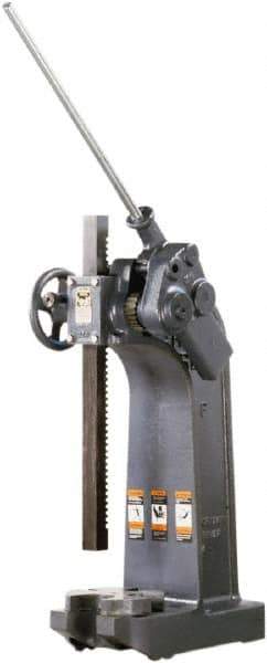 Dake - 1-1/2" Ram, 7-3/4" Throat Depth, 6 Ton Manual Arbor Press - 20-1/4" Max Work Height x 15-1/2" Max Work Width, Compound Leverage, 66:1 Leverage Ratio, 8-1/4" Base Width x 20" Base Depth - Best Tool & Supply