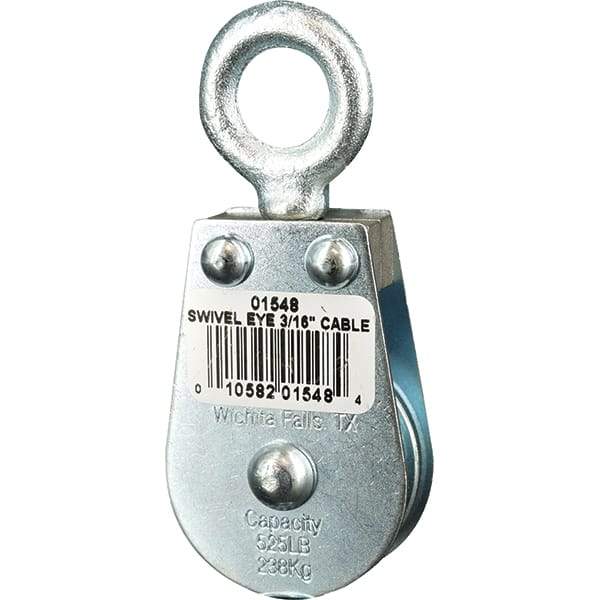 Block Division - 525 Lbs. Load Limit, Swivel Eye Standard Block - Single Sheave, 1-1/2 Inch Outside Diameter, Wire Rope, 3/16 Inch Diameter, Eye, 5/8 Inch Inside Diameter, Carbon Steel, Zinc Plated Finish - Best Tool & Supply