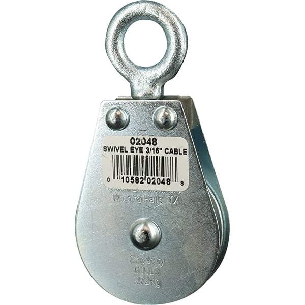 Block Division - 600 Lbs. Load Limit, Swivel Eye Standard Block - Single Sheave, 2 Inch Outside Diameter, Wire Rope, 3/16 Inch Diameter, Eye, 5/8 Inch Inside Diameter, Carbon Steel, Zinc Plated Finish - Best Tool & Supply