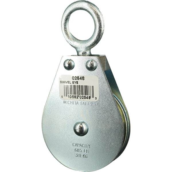 Block Division - 685 Lbs. Load Limit, Swivel Eye Standard Block - Single Sheave, 2-1/2 Inch Outside Diameter, Wire Rope, 1/4 Inch Diameter, Eye, 7/8 Inch Inside Diameter, Carbon Steel, Zinc Plated Finish - Best Tool & Supply