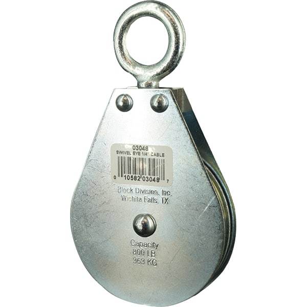 Block Division - 640 Lbs. Load Limit, Swivel Eye Standard Block - Single Sheave, 3-3/4 Inch Outside Diameter, Wire Rope, 1/4 Inch Diameter, Eye, 7/8 Inch Inside Diameter, Carbon Steel, Zinc Plated Finish - Best Tool & Supply