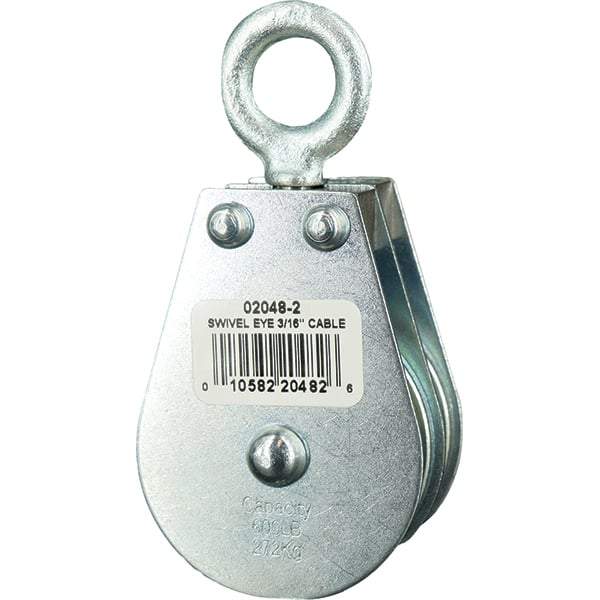 Block Division - 600 Lbs. Load Limit, Swivel Eye Standard Block - Double Sheave, 2 Inch Outside Diameter, Wire Rope, 3/16 Inch Diameter, Eye, 5/8 Inch Inside Diameter, Carbon Steel, Zinc Plated Finish - Best Tool & Supply