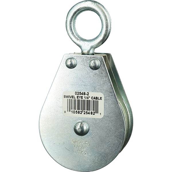 Block Division - 685 Lbs. Load Limit, Swivel Eye Standard Block - Double Sheave, 2-1/2 Inch Outside Diameter, Wire Rope, 1/4 Inch Diameter, Eye, 7/8 Inch Inside Diameter, Carbon Steel, Zinc Plated Finish - Best Tool & Supply