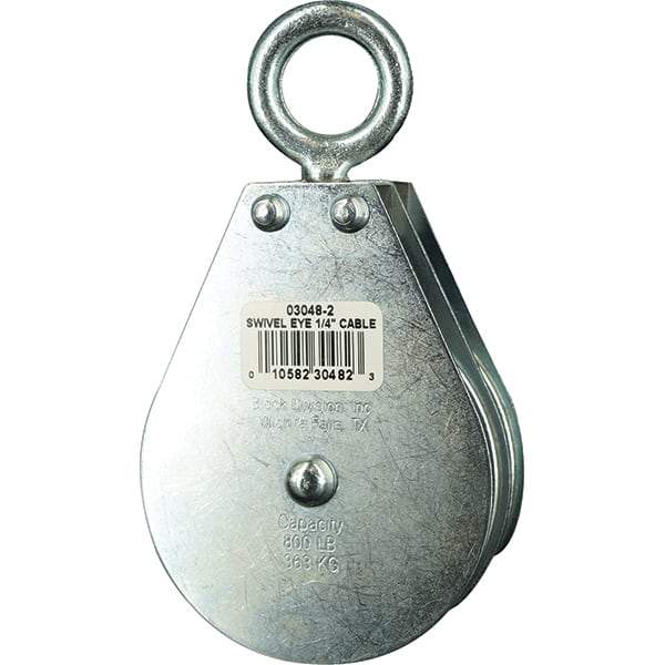 Block Division - 800 Lbs. Load Limit, Swivel Eye Standard Block - Double Sheave, 3 Inch Outside Diameter, Wire Rope, 1/4 Inch Diameter, Eye, 7/8 Inch Inside Diameter, Carbon Steel, Zinc Plated Finish - Best Tool & Supply