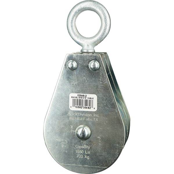 Block Division - 1, 550 Lbs. Load Limit, Swivel Eye Standard Block - Double Sheave, 3-1/2 Inch Outside Diameter, Wire Rope, 5/16 Inch Diameter, Eye, 1-3/16 Inch Inside Diameter, Carbon Steel, Zinc Plated Finish - Best Tool & Supply