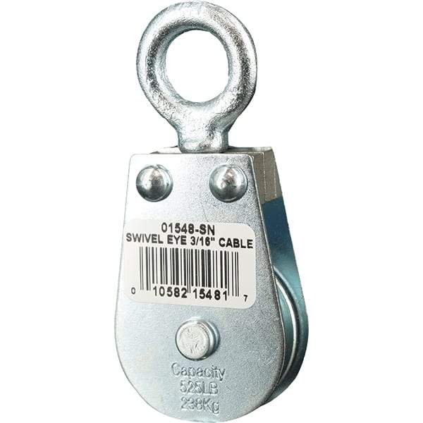 Block Division - 525 Lbs. Load Limit, Swivel Eye Snatch Block - Single Sheave, 1-1/2 Inch Outside Diameter, Wire Rope, 3/16 Inch Diameter, Eye, 5/8 Inch Inside Diameter, Carbon Steel, Zinc Plated Finish - Best Tool & Supply