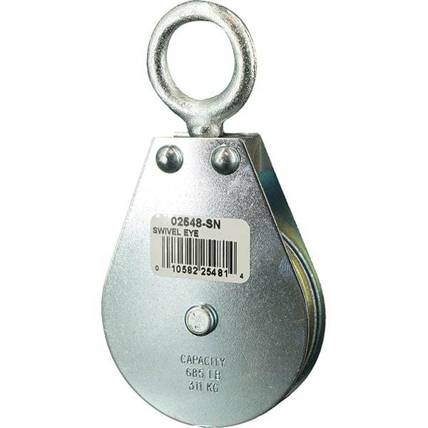 Block Division - 685 Lbs. Load Limit, Swivel Eye Snatch Block - Single Sheave, 2-1/2 Inch Outside Diameter, Wire Rope, 1/4 Inch Diameter, Eye, 7/8 Inch Inside Diameter, Carbon Steel, Zinc Plated Finish - Best Tool & Supply