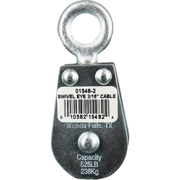 Block Division - 525 Lbs. Load Limit, Swivel Eye Snatch Block - Double Sheave, 1-5/8 Inch Outside Diameter, Wire Rope, 3/16 Inch Diameter, Eye, 5/8 Inch Inside Diameter, Carbon Steel, Zinc Plated Finish - Best Tool & Supply