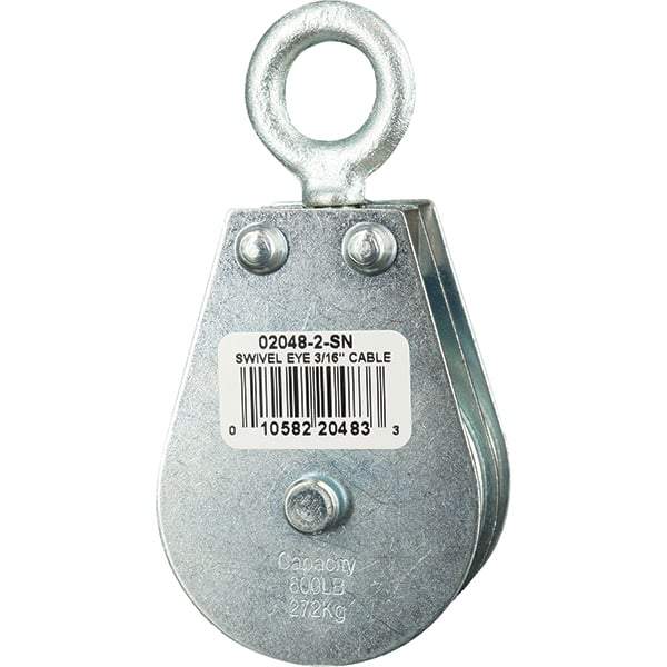 Block Division - 600 Lbs. Load Limit, Swivel Eye Snatch Block - Double Sheave, 2 Inch Outside Diameter, Wire Rope, 3/16 Inch Diameter, Eye, 5/8 Inch Inside Diameter, Carbon Steel, Zinc Plated Finish - Best Tool & Supply