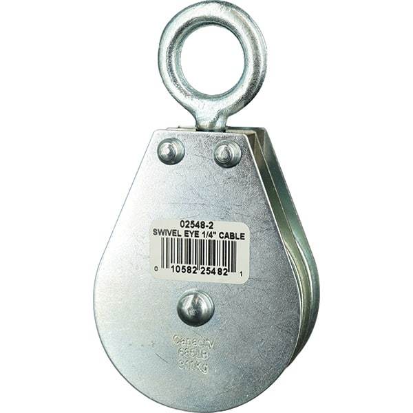 Block Division - 685 Lbs. Load Limit, Swivel Eye Snatch Block - Double Sheave, 2-1/2 Inch Outside Diameter, Wire Rope, 1/4 Inch Diameter, Eye, 7/8 Inch Inside Diameter, Carbon Steel, Zinc Plated Finish - Best Tool & Supply