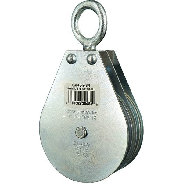 Block Division - 800 Lbs. Load Limit, Swivel Eye Snatch Block - Double Sheave, 3 Inch Outside Diameter, Wire Rope, 1/4 Inch Diameter, Eye, 7/8 Inch Inside Diameter, Carbon Steel, Zinc Plated Finish - Best Tool & Supply