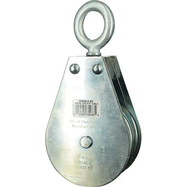 Block Division - 1, 550 Lbs. Load Limit, Swivel Eye Snatch Block - Double Sheave, 3-3/4 Inch Outside Diameter, Wire Rope, 5/16 Inch Diameter, Eye, 1-3/16 Inch Inside Diameter, Carbon Steel, Zinc Plated Finish - Best Tool & Supply