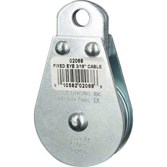 Block Division - 600 Lbs. Load Limit, Rigid Eye Block - Single Sheave, 2 Inch Outside Diameter, Wire Rope, 3/16 Inch Diameter, Eye, 3/8 Inch Inside Diameter, Carbon Steel, Zinc Plated Finish - Best Tool & Supply