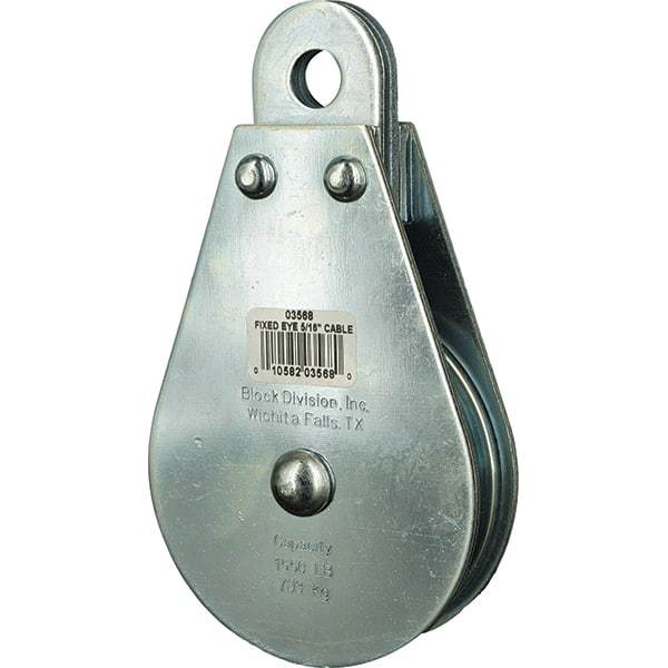 Block Division - 1, 550 Lbs. Load Limit, Rigid Eye Block - Single Sheave, 3-1/2 Inch Outside Diameter, Wire Rope, 5/16 Inch Diameter, Eye, 9/16 Inch Inside Diameter, Carbon Steel, Zinc Plated Finish - Best Tool & Supply