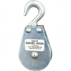 Block Division - 600 Lbs. Load Limit, Swivel Hook Block - Single Sheave, 2 Inch Outside Diameter, Wire Rope, 3/16 Inch Diameter, Eye, 3/8 Inch Inside Diameter, Carbon Steel, Zinc Plated Finish - Best Tool & Supply