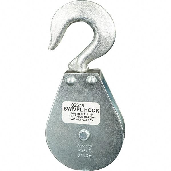 Block Division - 685 Lbs. Load Limit, Swivel Hook Block - Single Sheave, 2-1/2 Inch Outside Diameter, Wire Rope, 1/4 Inch Diameter, Eye, 3/8 Inch Inside Diameter, Carbon Steel, Zinc Plated Finish - Best Tool & Supply