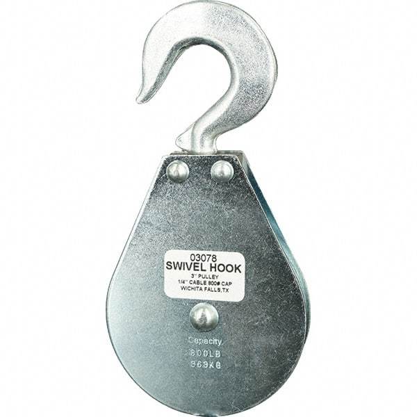 Block Division - 800 Lbs. Load Limit, Swivel Hook Block - Single Sheave, 3 Inch Outside Diameter, Wire Rope, 1/4 Inch Diameter, Eye, 3/8 Inch Inside Diameter, Carbon Steel, Zinc Plated Finish - Best Tool & Supply