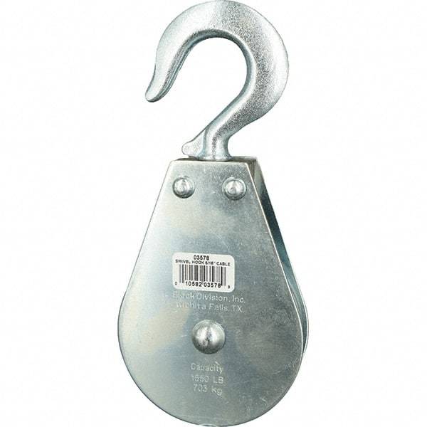 Block Division - 1, 550 Lbs. Load Limit, Swivel Hook Block - Single Sheave, 3-1/2 Inch Outside Diameter, Wire Rope, 5/16 Inch Diameter, Eye, 9/16 Inch Inside Diameter, Carbon Steel, Zinc Plated Finish - Best Tool & Supply