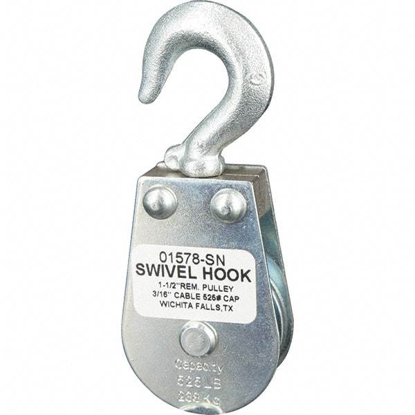 Block Division - 525 Lbs. Load Limit, Swivel Hook Block - Single Sheave, 1-5/8 Inch Outside Diameter, Wire Rope, 3/16 Inch Diameter, Eye, 3/8 Inch Inside Diameter, Carbon Steel, Zinc Plated Finish - Best Tool & Supply