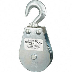 Block Division - 600 Lbs. Load Limit, Swivel Hook Block - Single Sheave, 2-1/8 Inch Outside Diameter, Wire Rope, 3/16 Inch Diameter, Eye, 3/8 Inch Inside Diameter, Carbon Steel, Zinc Plated Finish - Best Tool & Supply