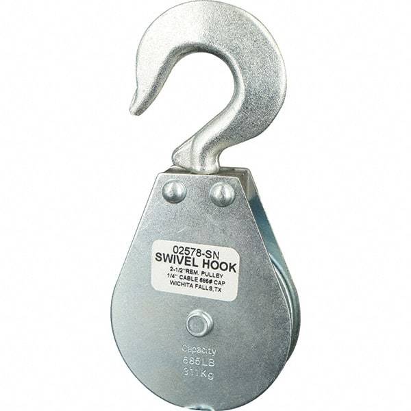 Block Division - 685 Lbs. Load Limit, Swivel Hook Block - Single Sheave, 2-5/8 Inch Outside Diameter, Wire Rope, 1/4 Inch Diameter, Eye, 3/8 Inch Inside Diameter, Carbon Steel, Zinc Plated Finish - Best Tool & Supply