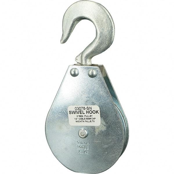 Block Division - 800 Lbs. Load Limit, Swivel Hook Block - Single Sheave, 3-1/8 Inch Outside Diameter, Wire Rope, 1/4 Inch Diameter, Eye, 3/8 Inch Inside Diameter, Carbon Steel, Zinc Plated Finish - Best Tool & Supply