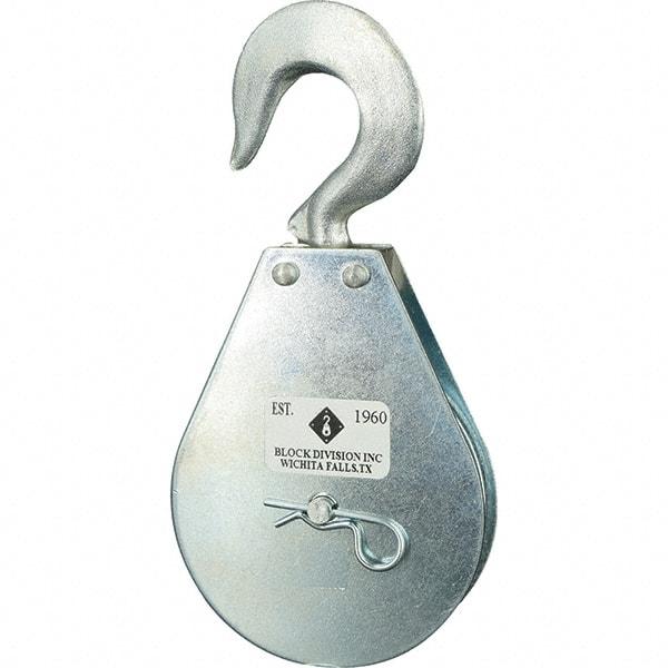 Block Division - 1, 550 Lbs. Load Limit, Swivel Hook Block - Single Sheave, 3-3/4 Inch Outside Diameter, Wire Rope, 5/16 Inch Diameter, Eye, 9/16 Inch Inside Diameter, Carbon Steel, Zinc Plated Finish - Best Tool & Supply