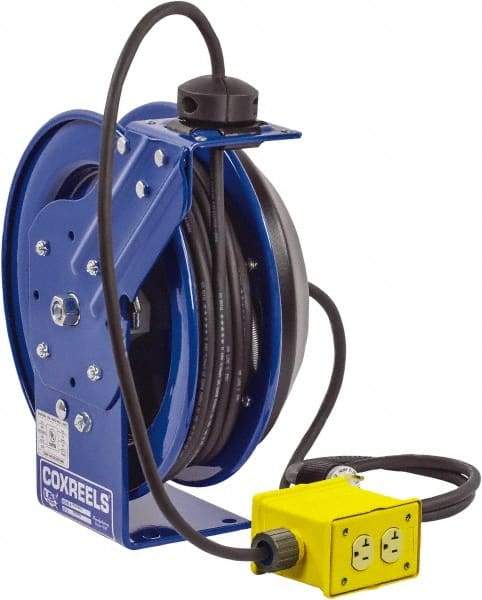 CoxReels - 12 AWG, 75' Cable Length, Cord & Cable Reel with Quad Outlet End - 4 Outlets, NEMA 5-20R, 20 Amps, 115 Volts, SJO Cable, Blue Reel, Spring Driven Reel - Best Tool & Supply