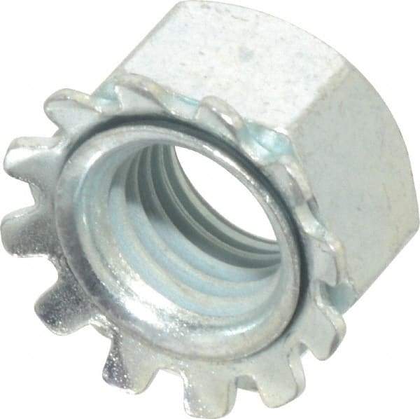 Value Collection - 5/16-24, Zinc Plated, Steel Hex Nut with External Tooth Washer - 0.61" Washer Diam, 1/2" Width Across Flats, ASME B18.21.1 Fastner Standard, Rockwell C40 to C50 Hardness, Grade SAE 1050 - Best Tool & Supply