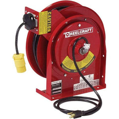 Reelcraft - 16 AWG, 50' Cable Length, Cord & Cable Reel with Single Nema 5-15 End - 1 Outlet, NEMA 4, 13 Amps, 125 Volts, SJTOW Cable, Red Reel, Spring Driven Reel - Best Tool & Supply