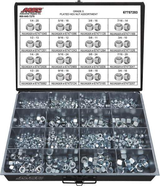 Value Collection - 1/4-20 to 3/4-16 Thread, 870 Piece Alloy Steel Nut Assortment - Grade 5 - Best Tool & Supply