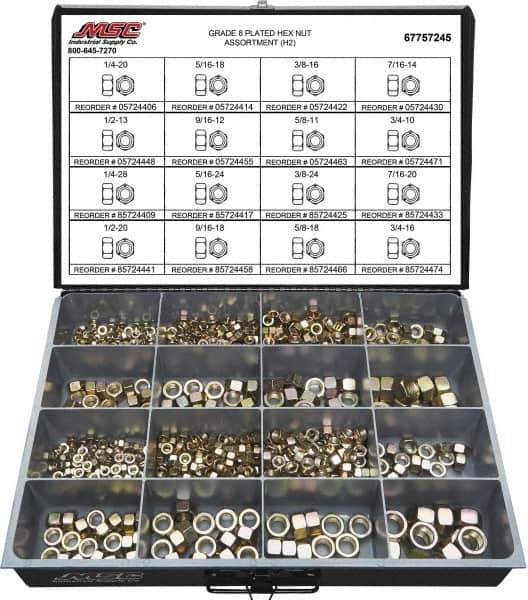 Value Collection - 1/4-20 to 3/4-16 Thread, 765 Piece Alloy Steel Nut Assortment - Grade 8 - Best Tool & Supply