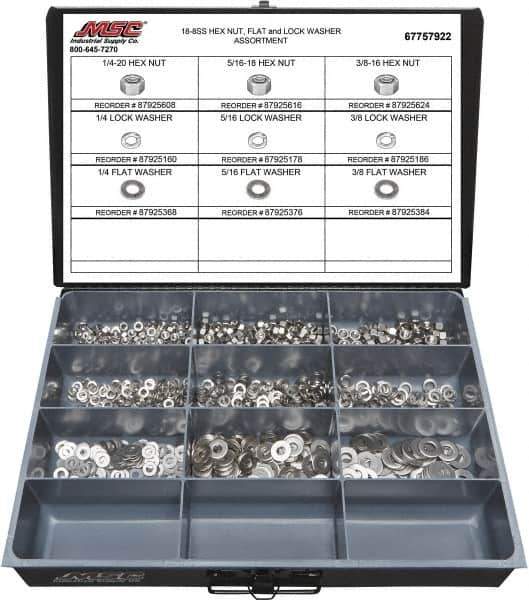 Value Collection - 1/4-20 to 3/8-16 Thread, 750 Piece Stainless Steel Nut & Washer Assortment - Grade 18-8 - Best Tool & Supply