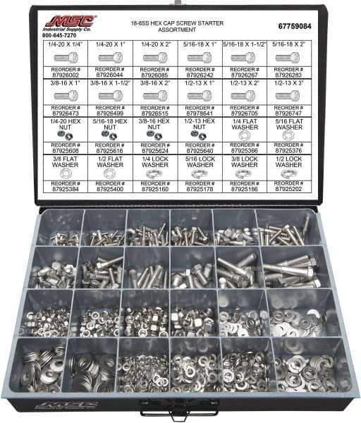 Value Collection - 1,350 Piece Stainless Steel Hex Head Cap Screws - 1/4-20 to 1/2-13 Thread, 18-8 - Best Tool & Supply