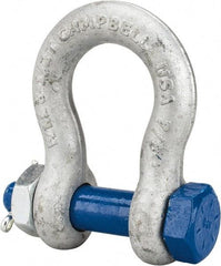 Campbell - 7/8" Nominal Chain Size, 6.5 Ton Carbon Steel Bolt Anchor Shackle - 7/8" Diam, 7/8" Pin Diam, 3-1/8" High x 1-7/16" Wide Inside Jaw, 2-1/16" Inside Width, 2" Max Body Thickness - Best Tool & Supply