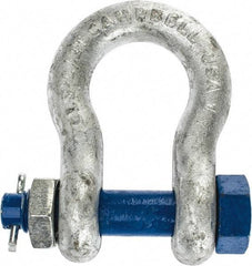 Campbell - 1" Nominal Chain Size, 8.5 Ton Carbon Steel Bolt Anchor Shackle - 1" Diam, 1" Pin Diam, 3-3/4" High x 1-11/16" Wide Inside Jaw, 2-1/2" Inside Width, 2-3/8" Max Body Thickness - Best Tool & Supply