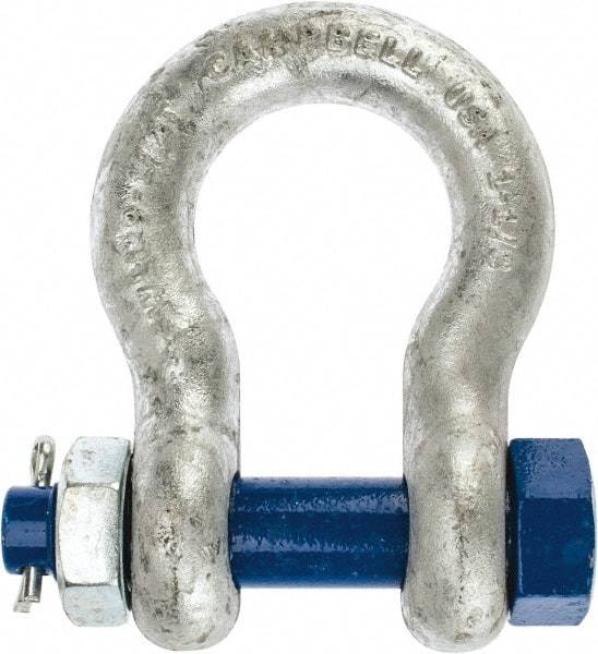 Campbell - 1-1/8" Nominal Chain Size, 9.5 Ton Carbon Steel Bolt Anchor Shackle - 1-1/8" Diam, 1-1/8" Pin Diam, 4-1/4" High x 1-13/16" Wide Inside Jaw, 2-15/16" Inside Width, 2-5/8" Max Body Thickness - Best Tool & Supply