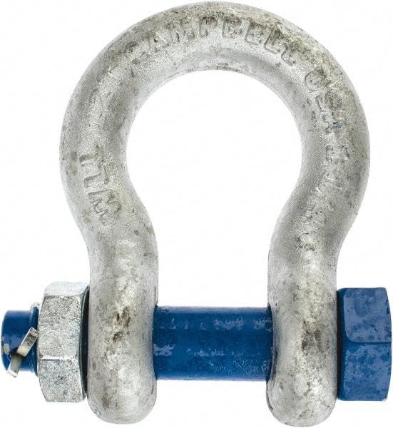 Campbell - 1-1/4" Nominal Chain Size, 12 Ton Carbon Steel Bolt Anchor Shackle - 1-1/4" Diam, 1-1/4" Pin Diam, 4-1/2" High x 2" Wide Inside Jaw, 3-1/4" Inside Width, 3" Max Body Thickness - Best Tool & Supply