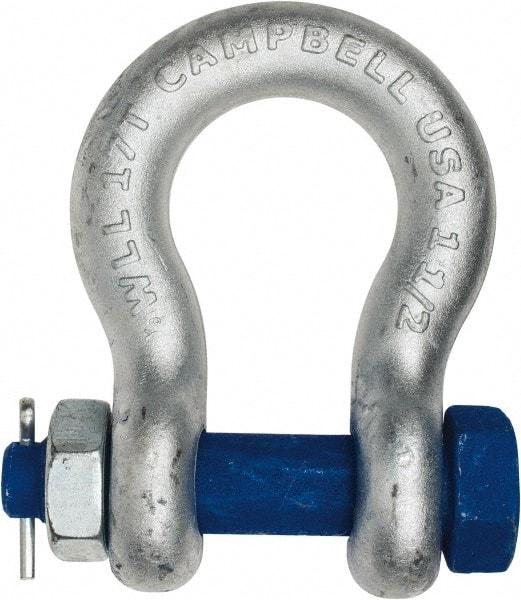 Campbell - 1-1/2" Nominal Chain Size, 17 Ton Carbon Steel Bolt Anchor Shackle - 1-1/2" Diam, 1-1/2" Pin Diam, 5-3/4" High x 2-3/8" Wide Inside Jaw, 3-7/8" Inside Width, 3-1/2" Max Body Thickness - Best Tool & Supply