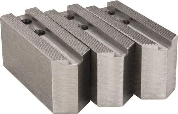 H & R Manufacturing - 1.5mm x 60° Serrated Attachment, Square Soft Lathe Chuck Jaw - 3 Jaws, Steel, 1.181" Btw Mount Hole Ctrs, 5" Long x 1-3/4" Wide x 2-1/2" High, 0.63" Groove, 12mm Fastener - Best Tool & Supply