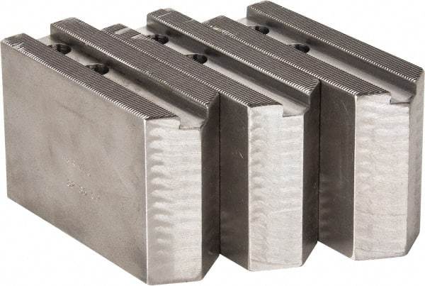 H & R Manufacturing - 1.5mm x 60° Serrated Attachment, Square Soft Lathe Chuck Jaw - 3 Jaws, Steel, 1.181" Btw Mount Hole Ctrs, 5" Long x 1-3/4" Wide x 3-1/2" High, 0.63" Groove, 12mm Fastener - Best Tool & Supply