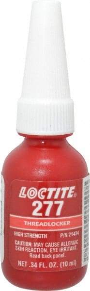 Loctite - 10 mL Bottle, Red, High Strength Liquid Threadlocker - Series 277, 24 hr Full Cure Time, Hand Tool, Heat Removal - Best Tool & Supply